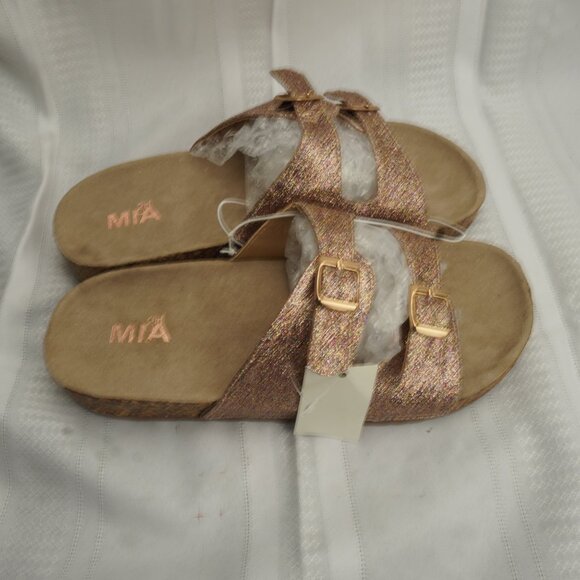 Mia Women’s Glitter Slide Sandals Rose Gold Double Buckle Comfort Footbed Size 8 - Picture 3 of 9